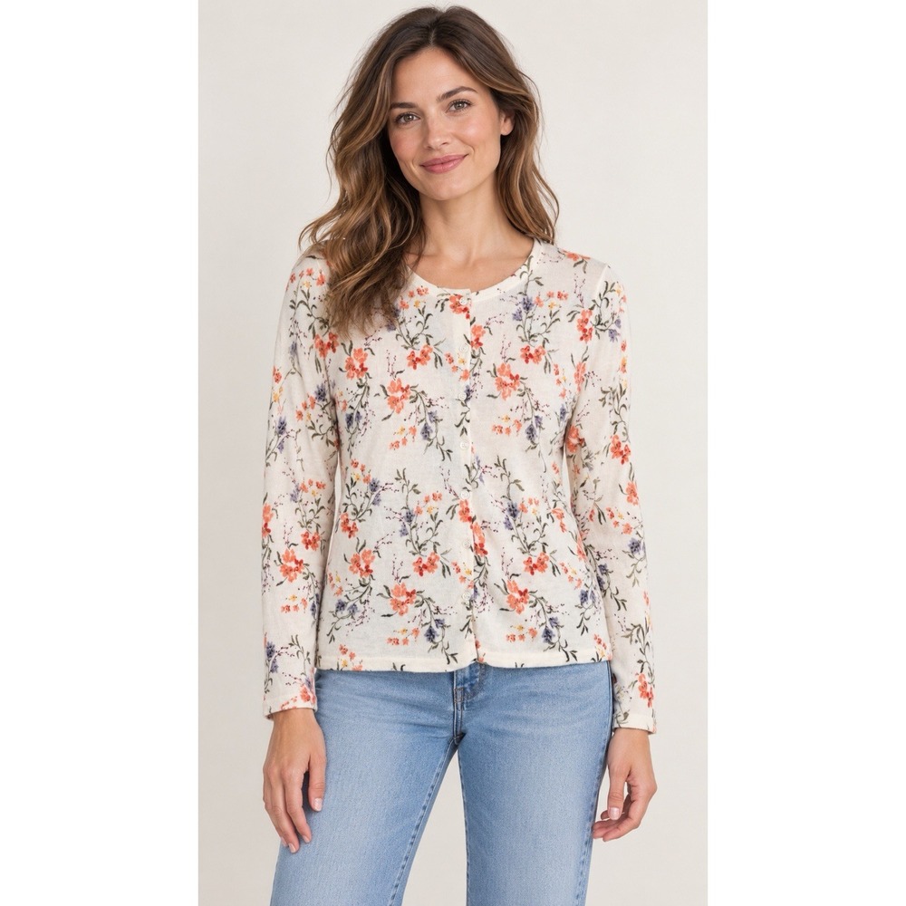 Garnet Hill 100% Merino Wool Cardigan Women's L Floral Button Front Cottagecore
